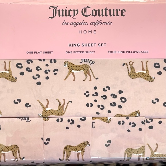 JUICY COUTURE HOME Bedding Sheet Set KING SIZE Pink Cheetah Logo 6-Piece NEW - Picture 4 of 9